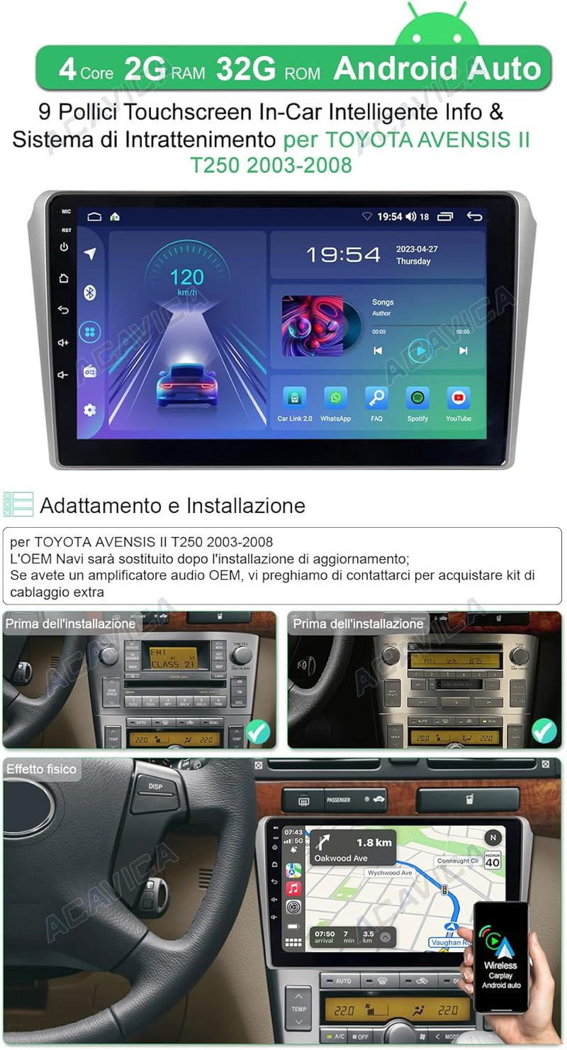 ACAVICA Android 12 Autoradio für Toyota Avensis T250 2 II 2003-2008 9 Zoll Sat Navi GPS Navigation S