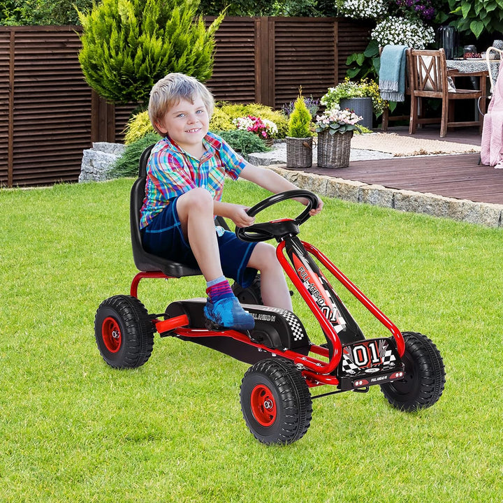 GOPLUS Gokart mit verstellbarem Sitz, Tretauto mit Handbremse und geschlossener Kettenabdeckung, Vor
