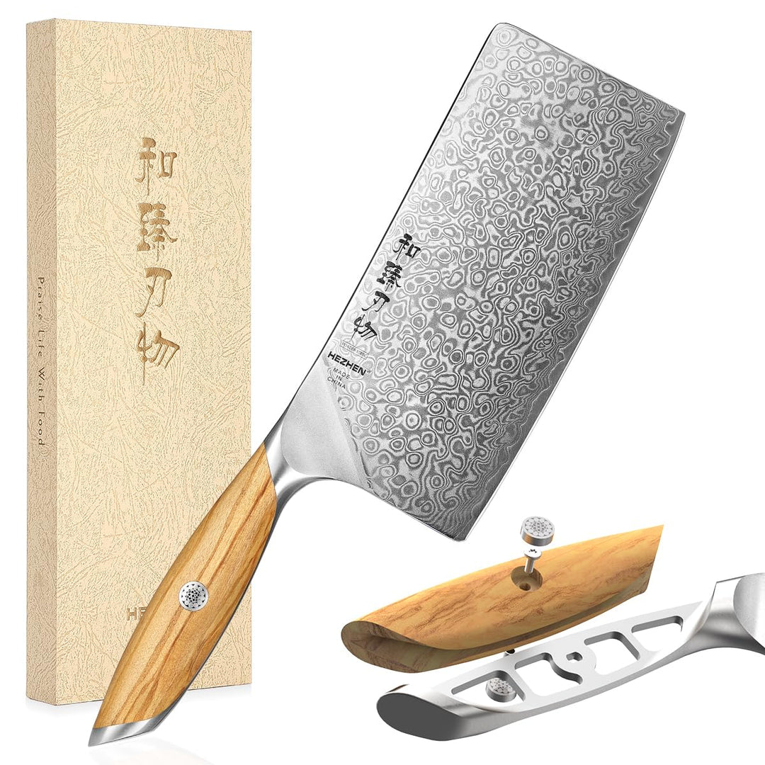 HEZHEN Damast Hackmesser, Profi Chinesisches Kochmesser, High Carbon Damaststahl Scharf Küchenmesser