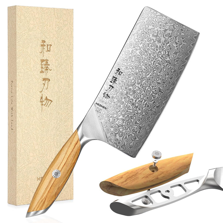 HEZHEN Damast Hackmesser, Profi Chinesisches Kochmesser, High Carbon Damaststahl Scharf Küchenmesser