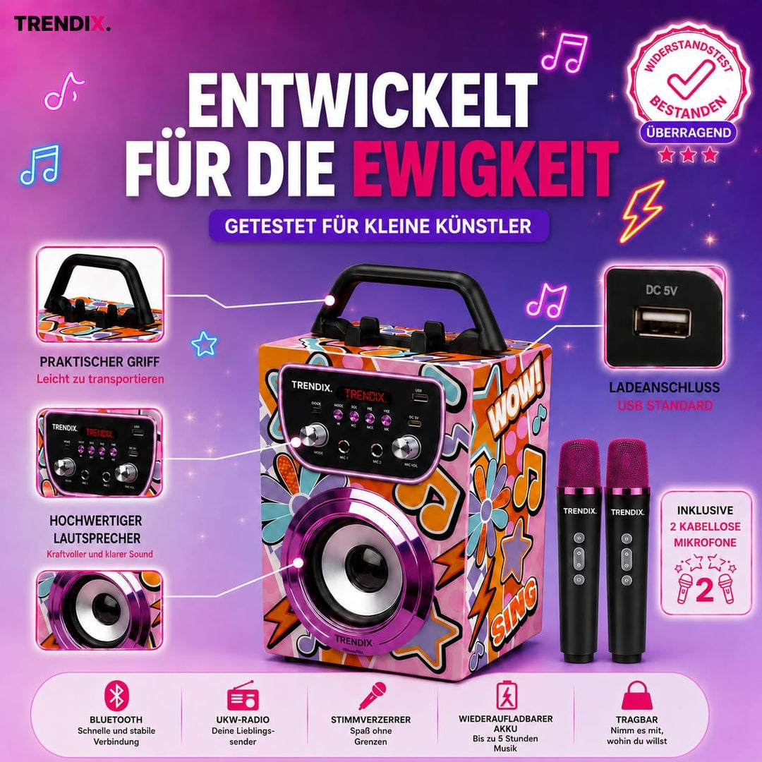 Trendix - Karaoke Maschine Kinder Magic Melody | Karaoke Anlage Mit 2 Mikrofonen | Musikbox Kinder R