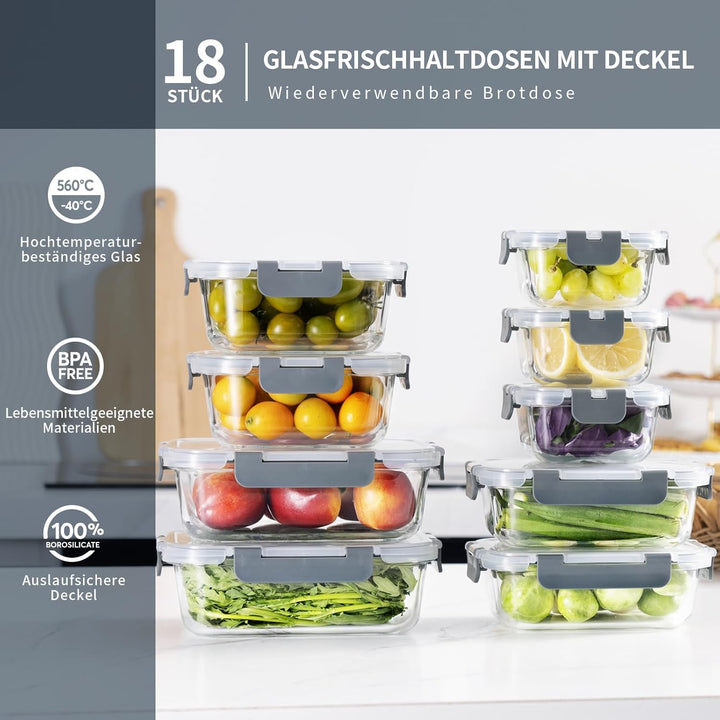 GENICOOK 18 Stück Glasfrischhaltdosen mit Deckel,Luftdicht Glas Lebensmittelbehälter, Glas Aufbewahr