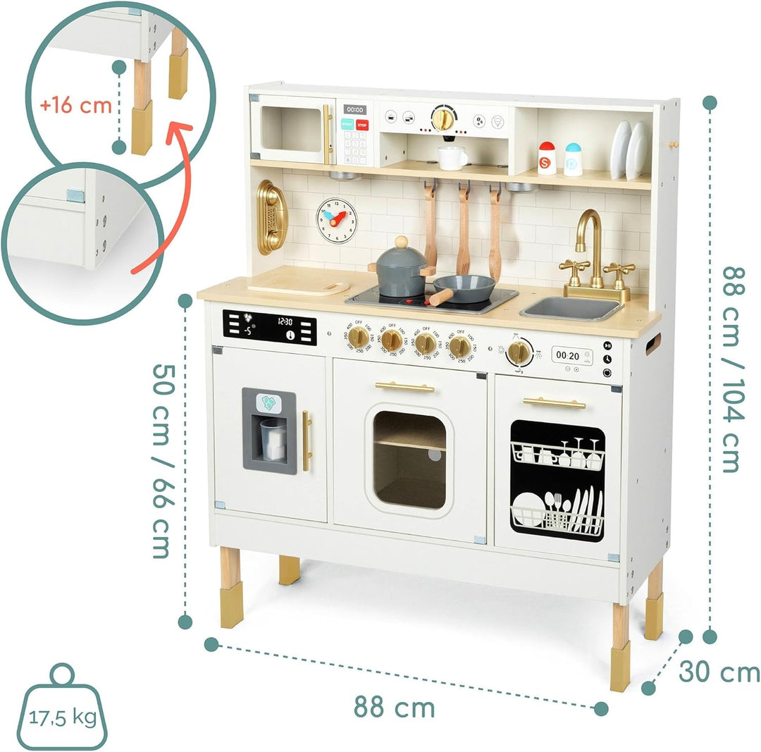 Mamabrum Holz-Kinderküche mit LED-Beleuchtung - Höhenverstellbare Spielküche Set mit Eiswürfelbereit
