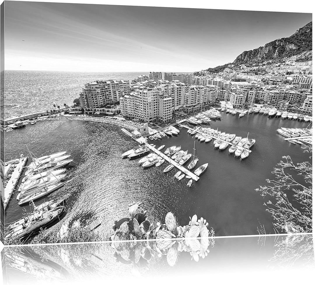 Pixxprint Atemberaubende Küste von Monaco Kunst B&W, Format: 100x70 auf Leinwand, 100x70