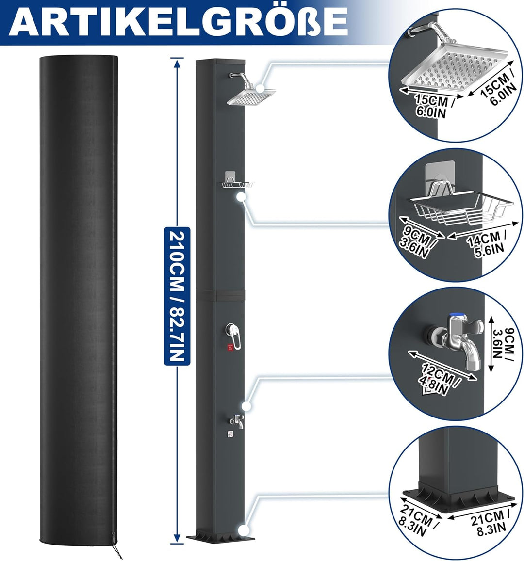 AufuN Solardusche Gartendusche 40L mit Chrom & Edelstahl, Warmwasser bis 60°C ohne Strom, 15cm Dusch