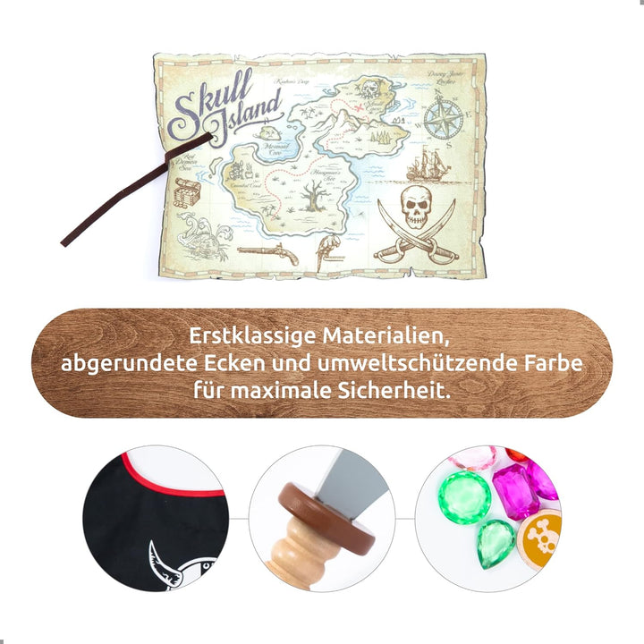UMU® Kinder Holz Piraten Spielset mit Piratenkostüm inkl. Piratenumhang, Augenklappe, Papagei, Schat