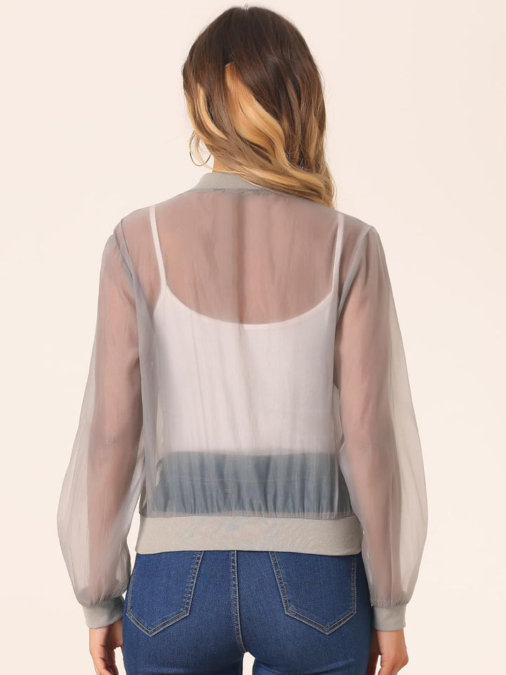 Allegra K Damen Sommer Jacke Langarm Reissverschluss Durchsichtige Transparente Leichte Bomberjacke