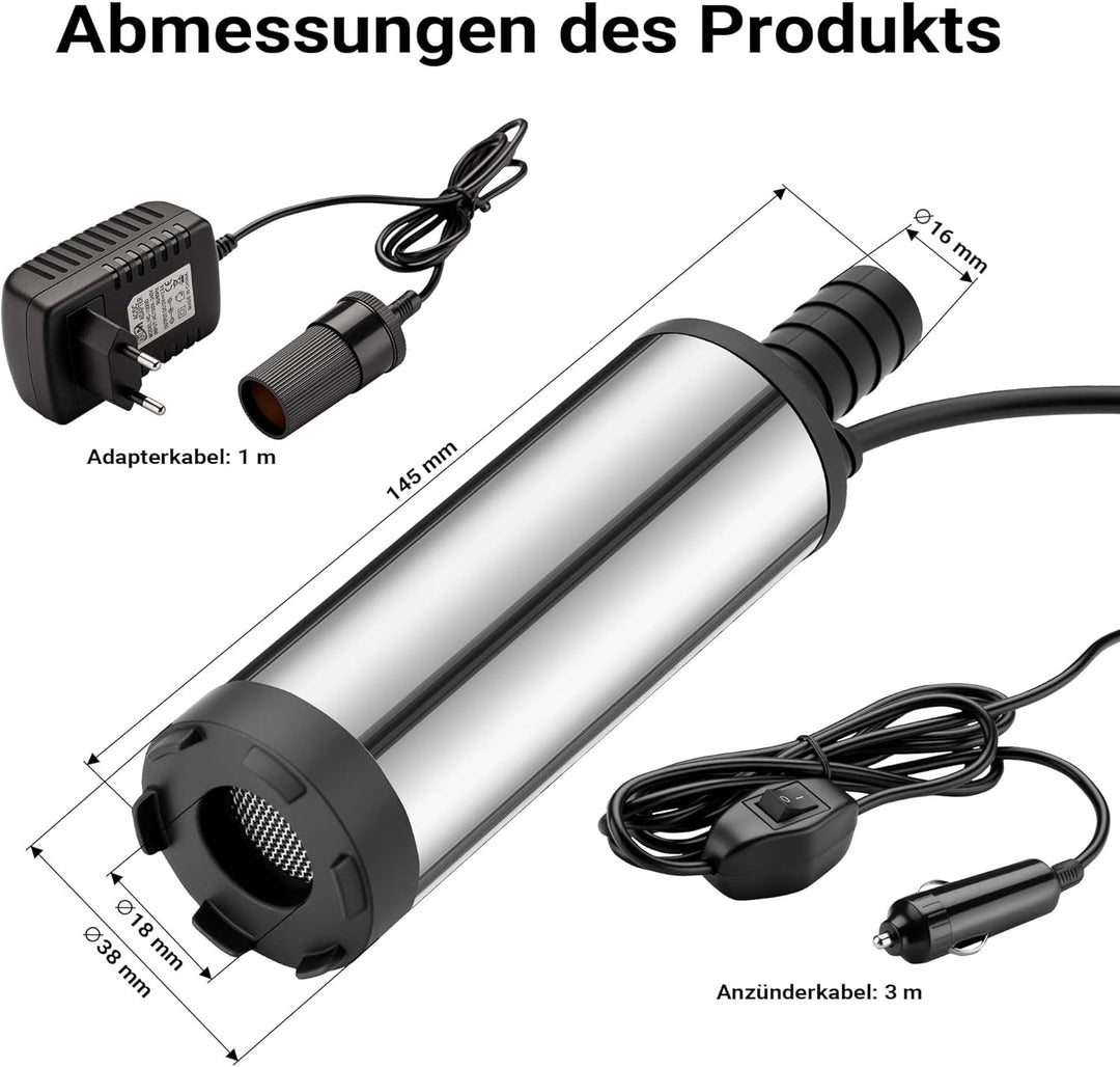 Wiltec Mini Pumpe 12-15 l/min 8500 U/min 12 V, 16 mm Auslass, Tauchpumpe für Wasser und Dieselöl, zu