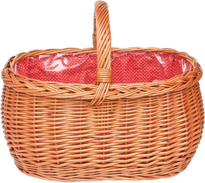 Kleiner Einkaufskorb/Autokorb aus Weide mit Henkel und Stoffeinlege Rot mit Punkten und Schutzfolie