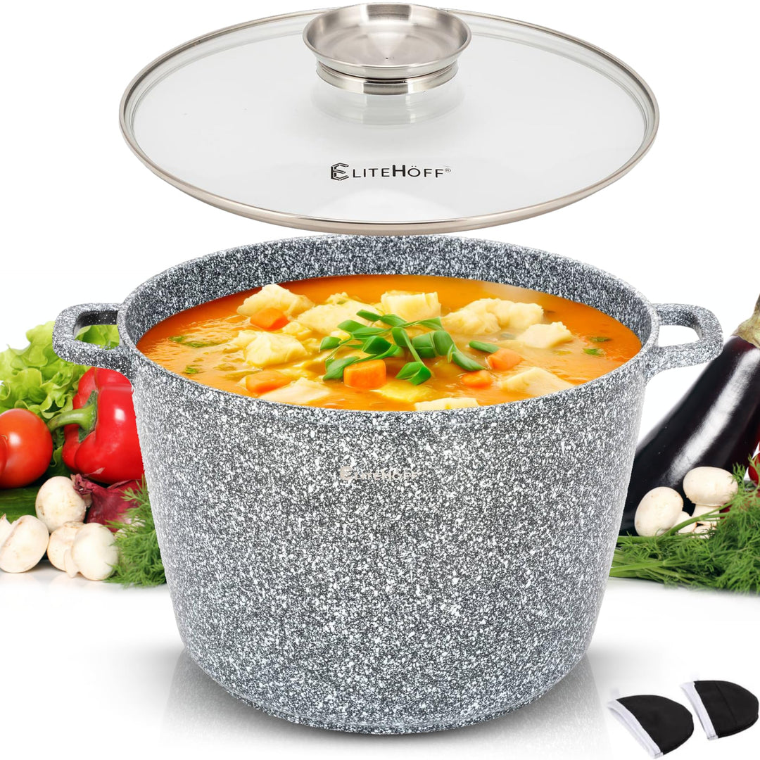 EliteHoff Kochtopf, Suppentopf aus Aluminiumguss mit Antihaftbeschichtung, Induktionstopf mit Glasde