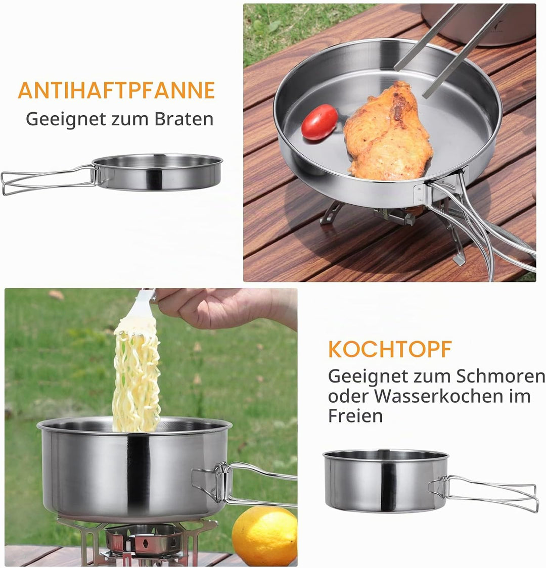 Lixada Camping Kochgeschirr Set 4-teiligtes Edelstahl Camping Topf Kompaktes Faltbare Campinggeschir