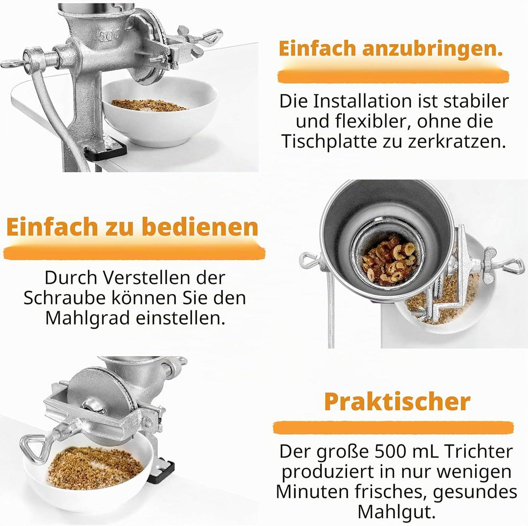 Manuelle Getreidemühle, Verstellbare Klemmmühle aus Edelstahl für Mais, Kaffeebohnen, Weizen, Nuss,