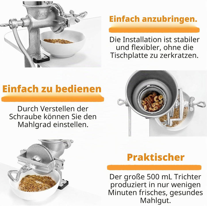 Manuelle Getreidemühle, Verstellbare Klemmmühle aus Edelstahl für Mais, Kaffeebohnen, Weizen, Nuss,