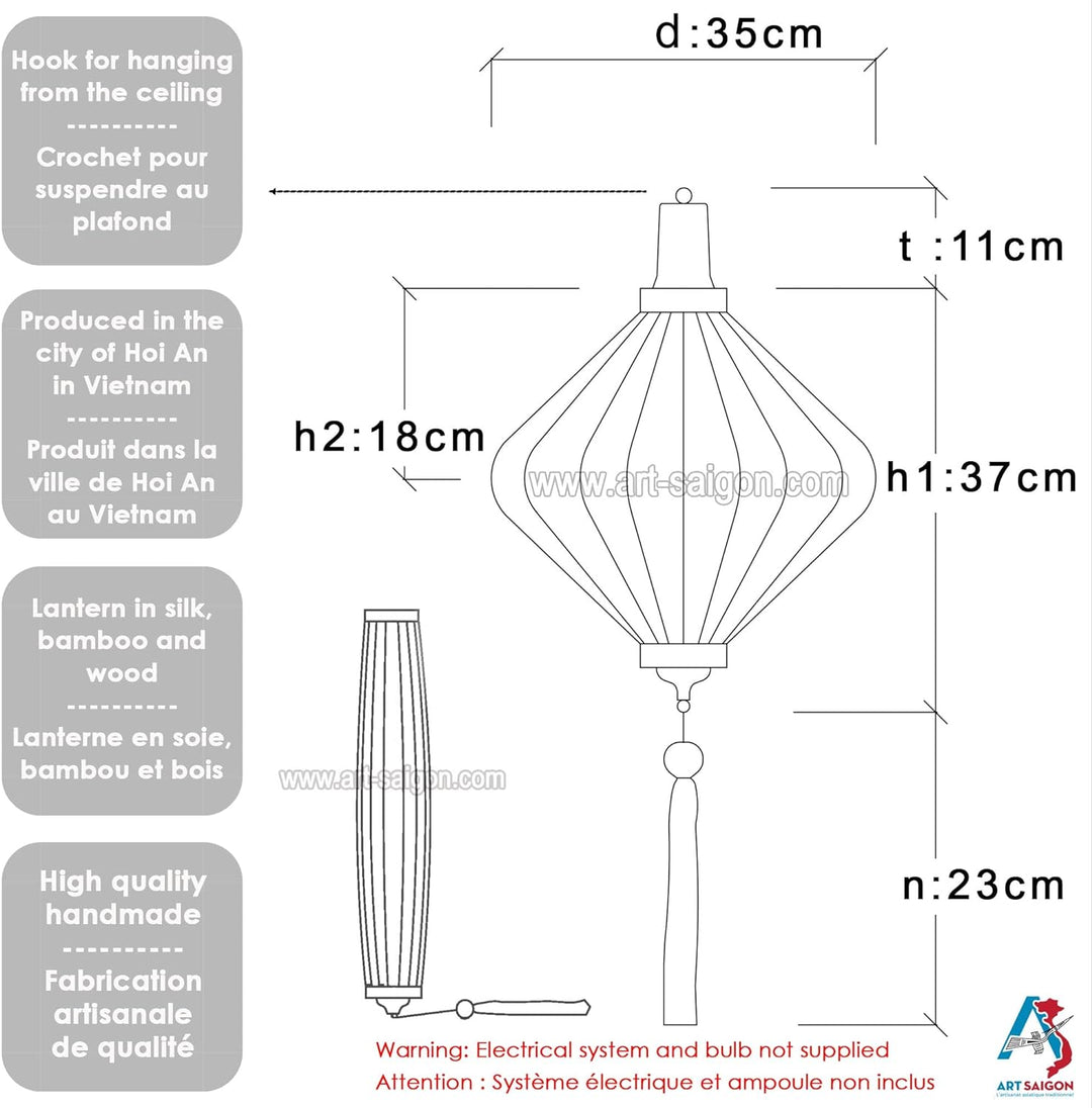 Lampion, asiatische Hoi an Seide gelb T – Ø 35 cm – Kunsthandwerk aus Vietnam (REF. T20-J)