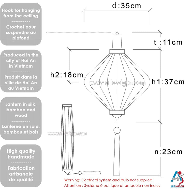 Lampion, asiatische Hoi an Seide gelb T – Ø 35 cm – Kunsthandwerk aus Vietnam (REF. T20-J)