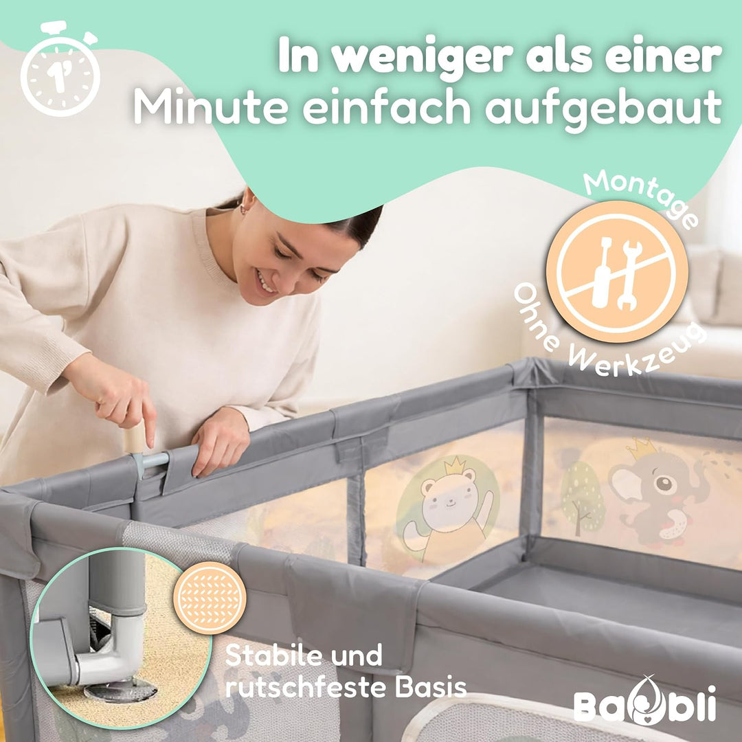 Laufstall für Babys, 150x180 cm, Babymatte, 60 Bälle, Griffe, Tragetaschen, Laufstall mit atmungsakt