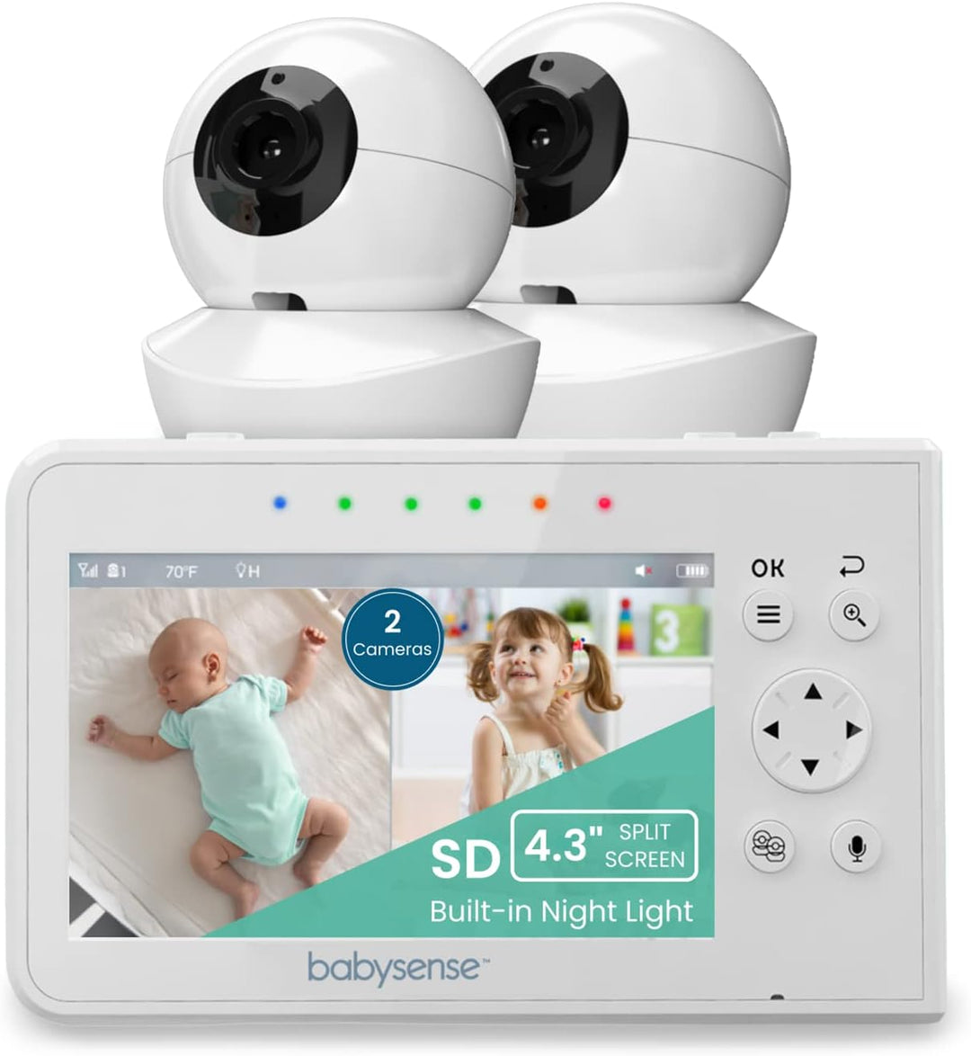 Babysense Babymonitor mit Geteilter Bildschirm 4,3“, Video Babyphone mit zwei Kameras, PTZ-Funktion,