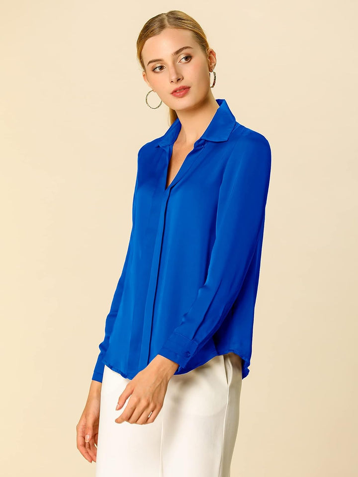 Allegra K Damen Satin Bluse Langarm Hemdkragen V-Ausschnitt Shirt Elegant Top XS Königsblau, XS Köni