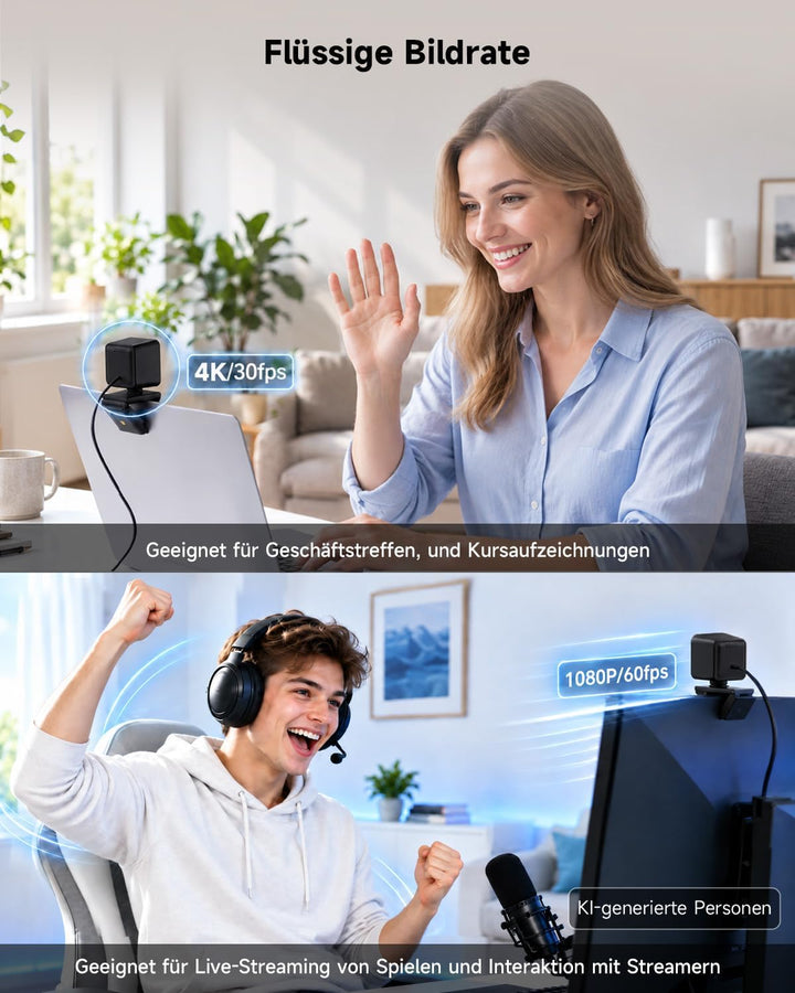 AOC UHD Webcam 4K, Webcam mit Objektivabdeckung &amp; Dual Mikrofon, 75° Streaming Kamera mit Autofokus,