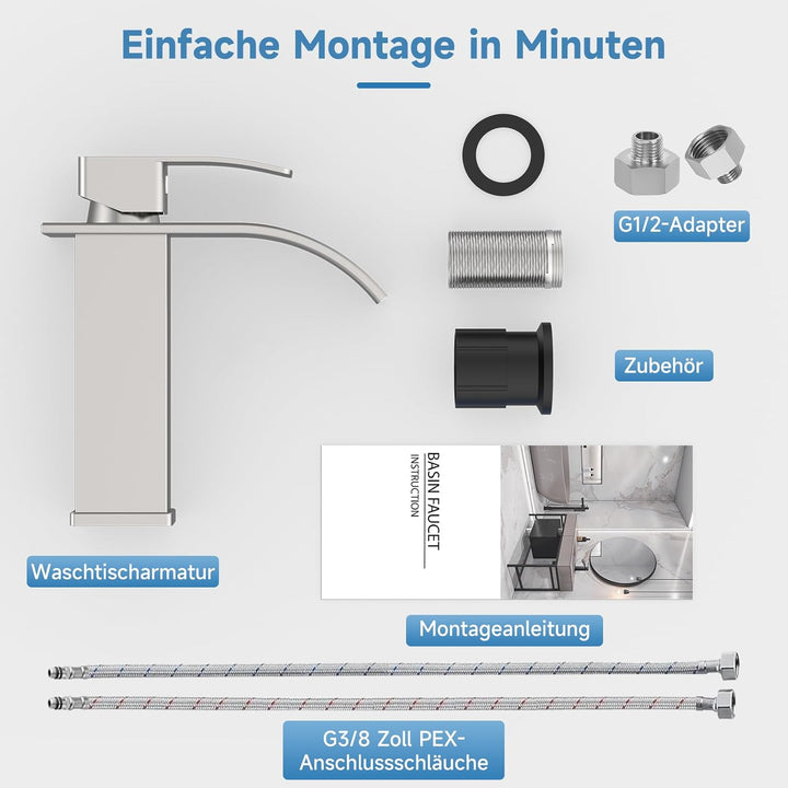 Wasserhahn Bad Gebürstet Nickel, Wasserfall Wasserhahn Einhebelmischer Waschbecken, Einloch-Waschtis