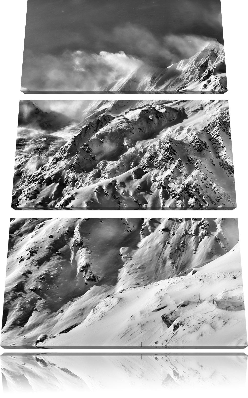 Pixxprint Monocrome, schneebedeckte Berggipfel 3-Teiler Leinwandbild 120x80 Bild auf Leinwand
