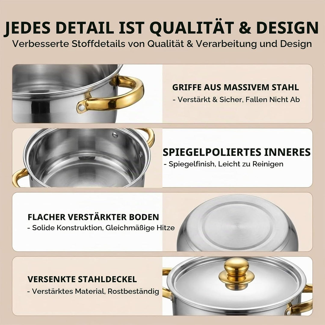 Topfset aus Edelstahl,10-teilig Töpfe Set mit Glasdeckel und Stielkasserolle,Grosses Kochgeschirr In
