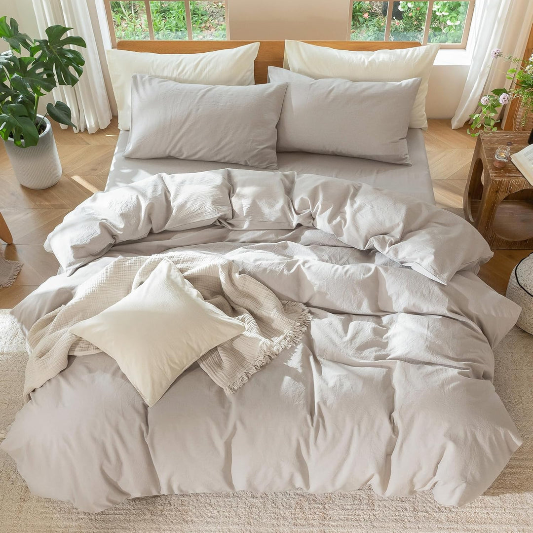 MooMee Bettwäsche-Set, 100% Gewaschene Baumwolle, Leinenähnlich, strukturiert, atmungsaktiv, langleb