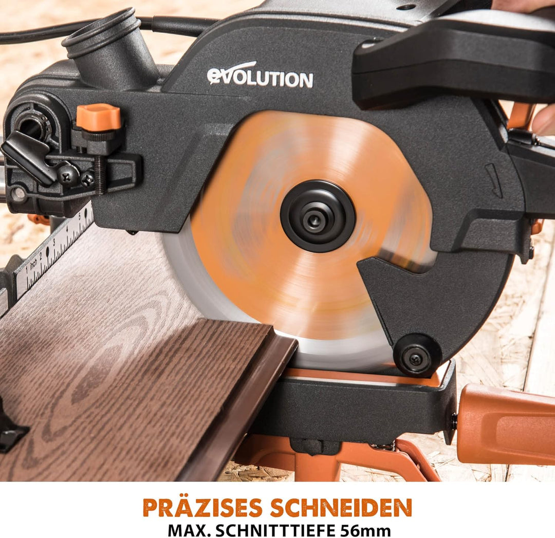 Evolution (R185SMS+) 185mm Gehrungssäge mit Universalschnitt - 45° Fase, 50° Gehrung - Laserführung