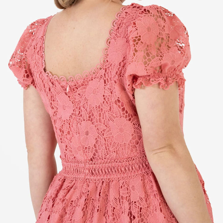 Lovedrobe Damen Ladies Lace Midi Sun Dress Plus Size Women Curve Short Puffed Sleeve Square Neckline