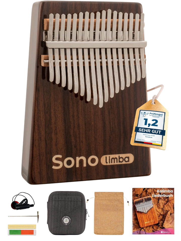 Kalimba "Sonolimba" mit 17 Schlüsseln in C - Dur aus Rosenholz - Daumenklavier inkl. Set mit Liederb