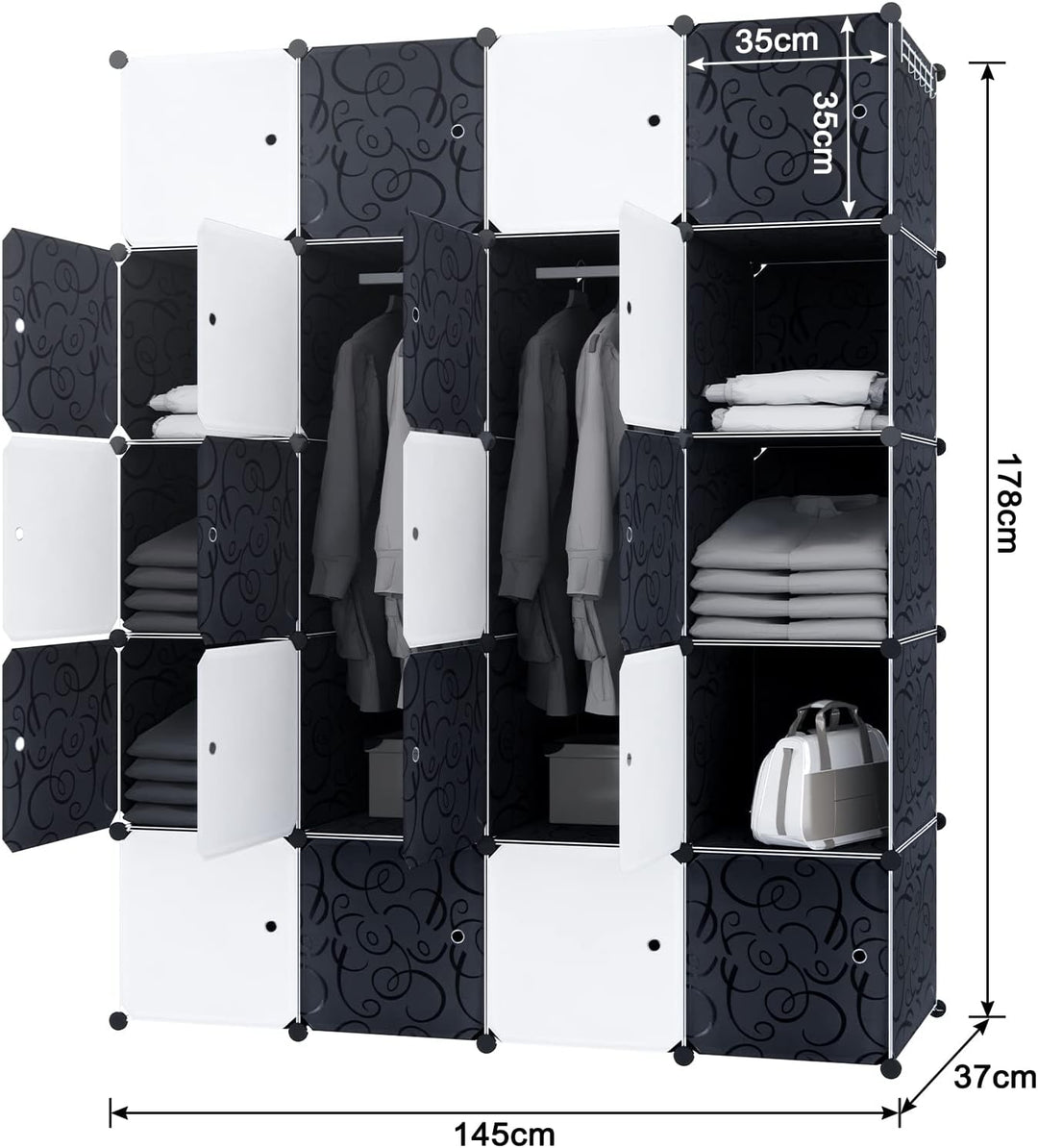YUENFONG Kleiderschrank Regalsystem aus 20 Würfeln PP Material, Garderobenschrank mit Türen Tragbare