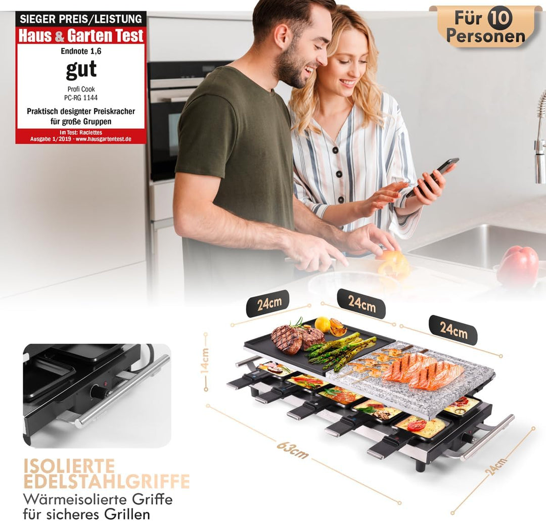 ProfiCook PC-RG 1144 Raclette/Tischgrill mit Naturgrillstein und Wendegussplatte, 10 Pfännchen, 10 H
