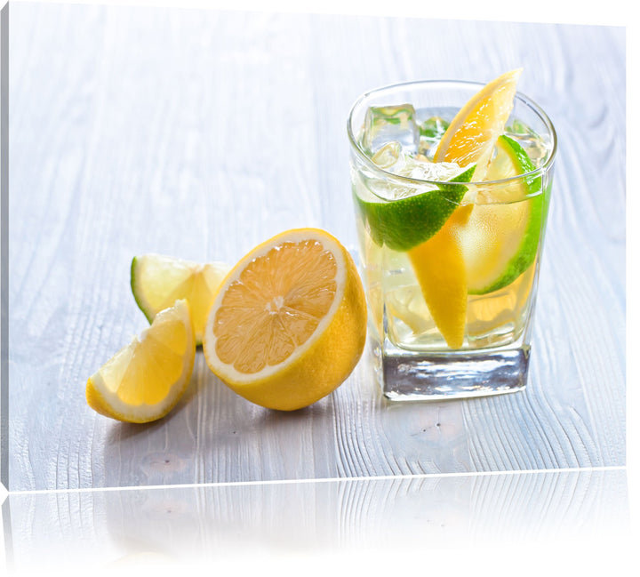 Pixxprint Gin Tonic Shot mit Zitronen, Format: 100x70 auf Leinwand, 100x70