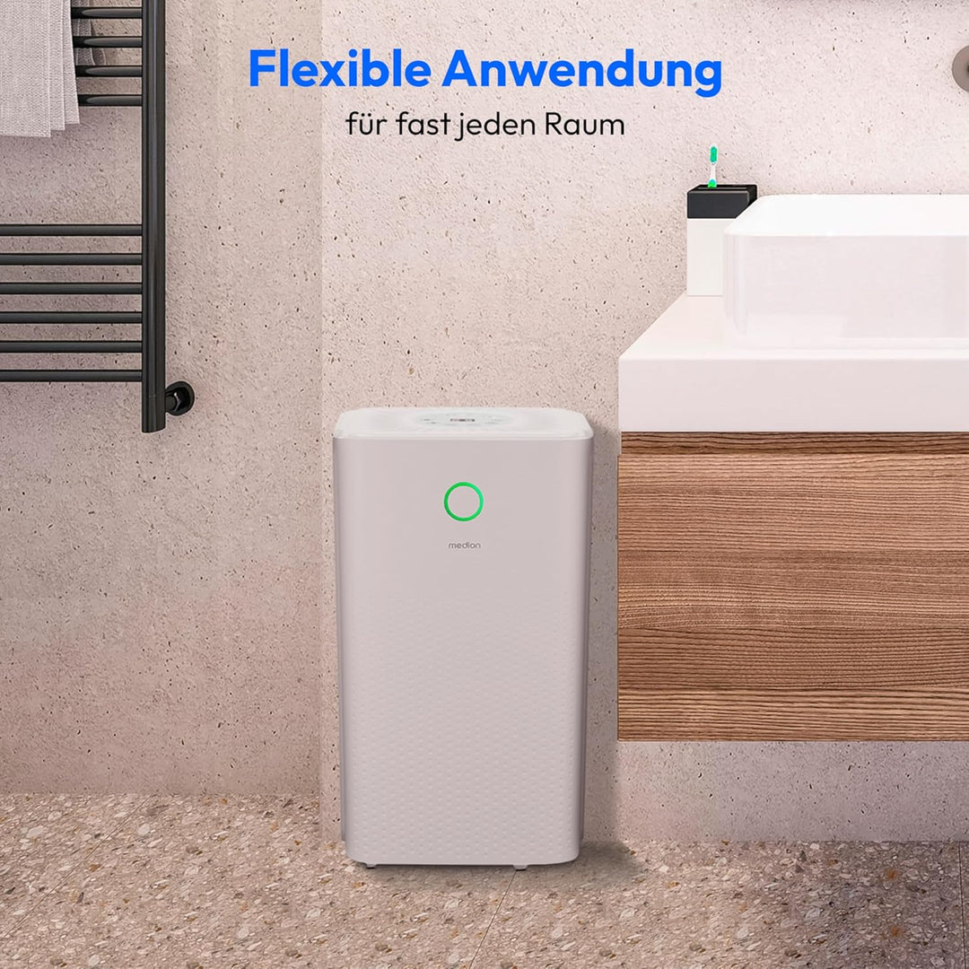 MEDION DH10 Luftentfeuchter elektrisch (bis zu 50m³ (15m²), 12Liter/24h, 38db leise, elektrischer Ra