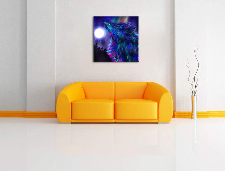 Abstrakter Wolf mit Mond, Format: 70x70 auf Leinwand, XXL riesige Bilder fertig gerahmt mit Keilrahm