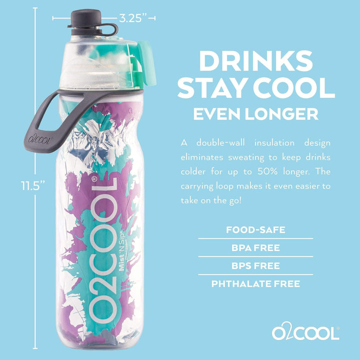 O2COOL ArcticSqueeze N' Sip Misting Water Bottle, Teal/Purple Splash, Teal/Purple Splash