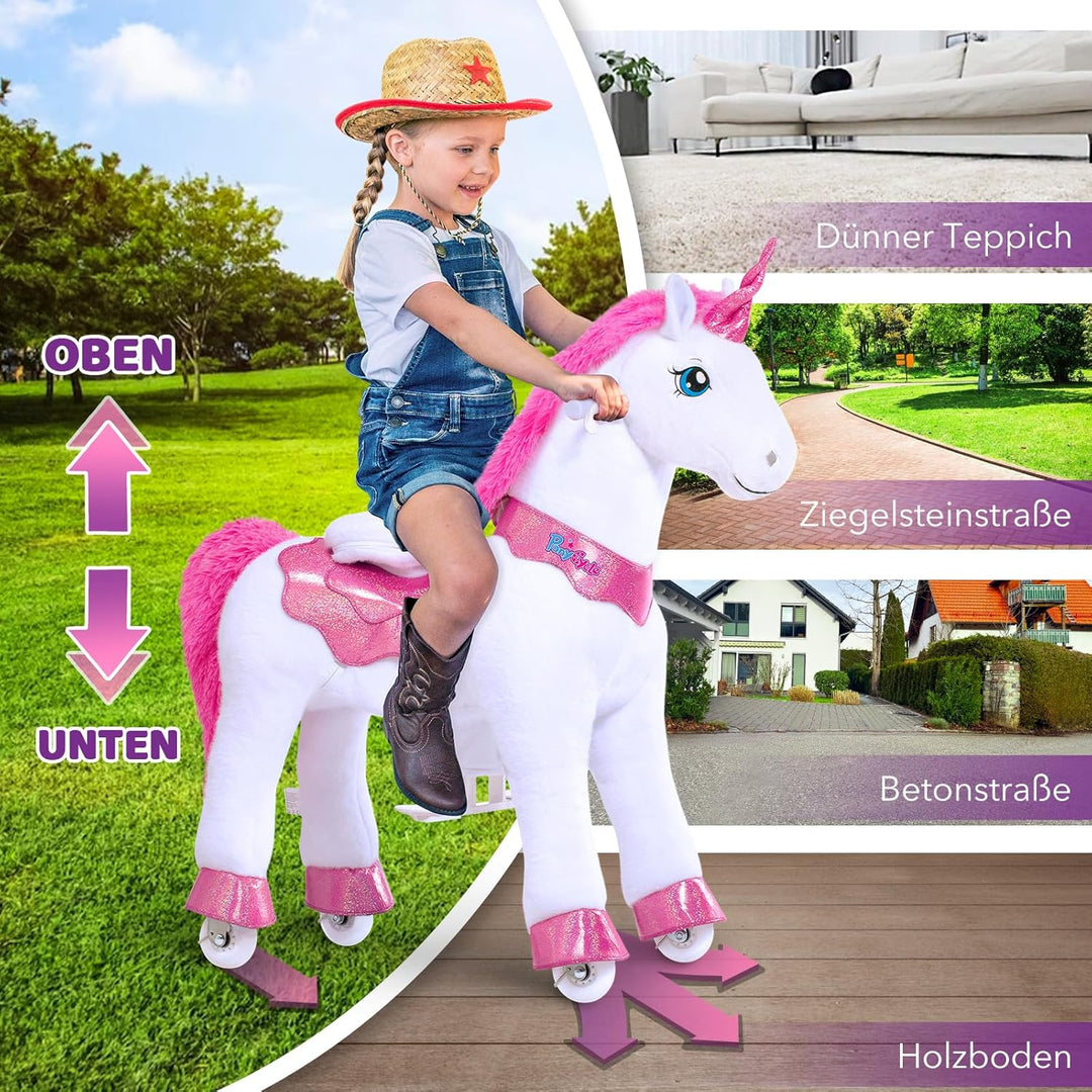 PonyCycle® Einhorn auf Rollen | für Kinder 4–7 Jahre, 90cm | Rosa Plüsch Reitpferd mit Handbremse |