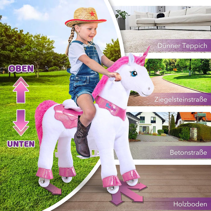PonyCycle® Einhorn auf Rollen | für Kinder 4–7 Jahre, 90cm | Rosa Plüsch Reitpferd mit Handbremse |