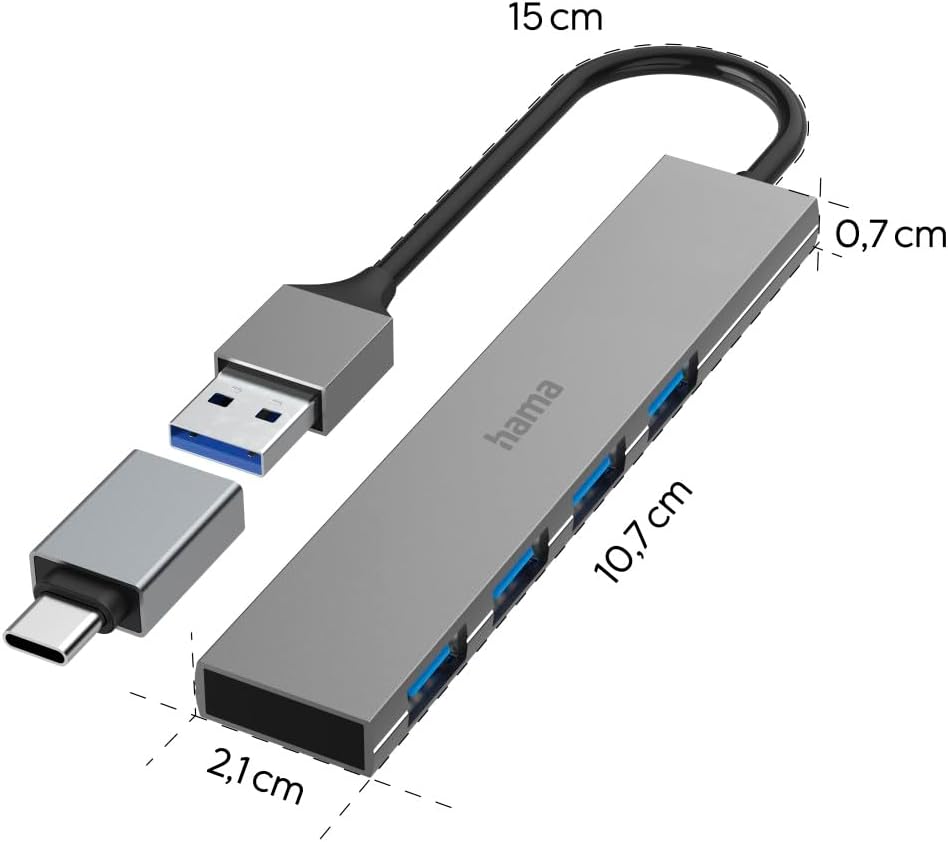 Hama USB-Hub 4 Ports (USB-A und USB-C-Anschluss, 4X USB-A für Maus, Tastatur, Externe Festplatte, US
