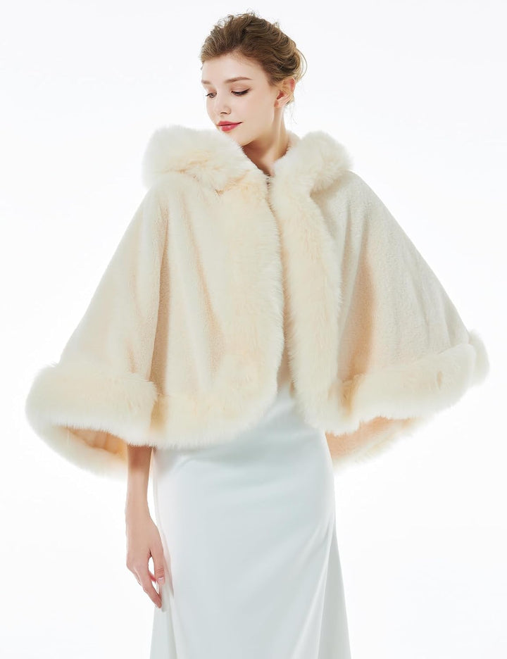 BEAUTELICATE Damen Kunstpelz Braut Umhang mit Kapuze Winter Braut Poncho Cape Kurz Warm Kunstpelz St