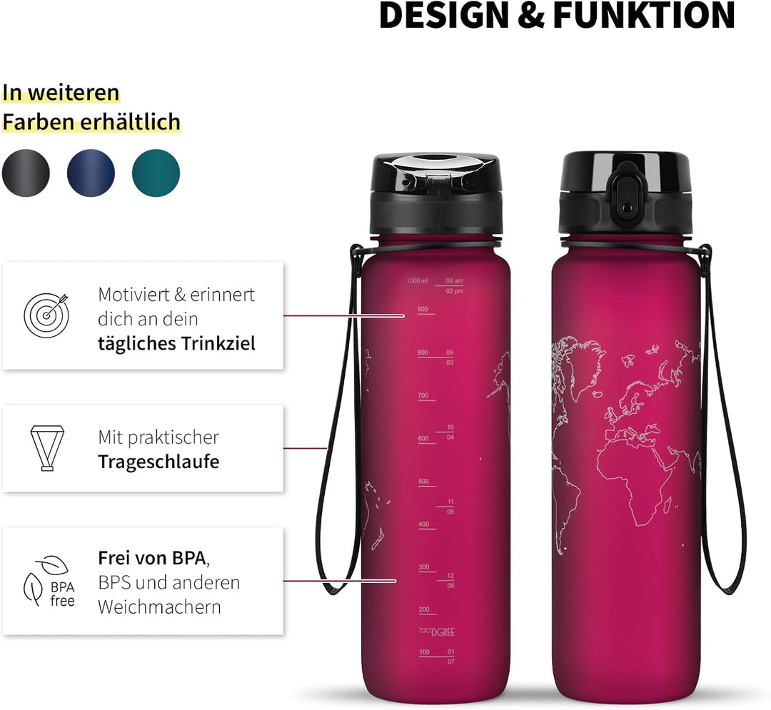 720°DGREE Trinkflasche 1l mit Motiv “uberBottle“ +Sieb - Auslaufsicher, Leicht, BPA-Frei, Bruchsiche