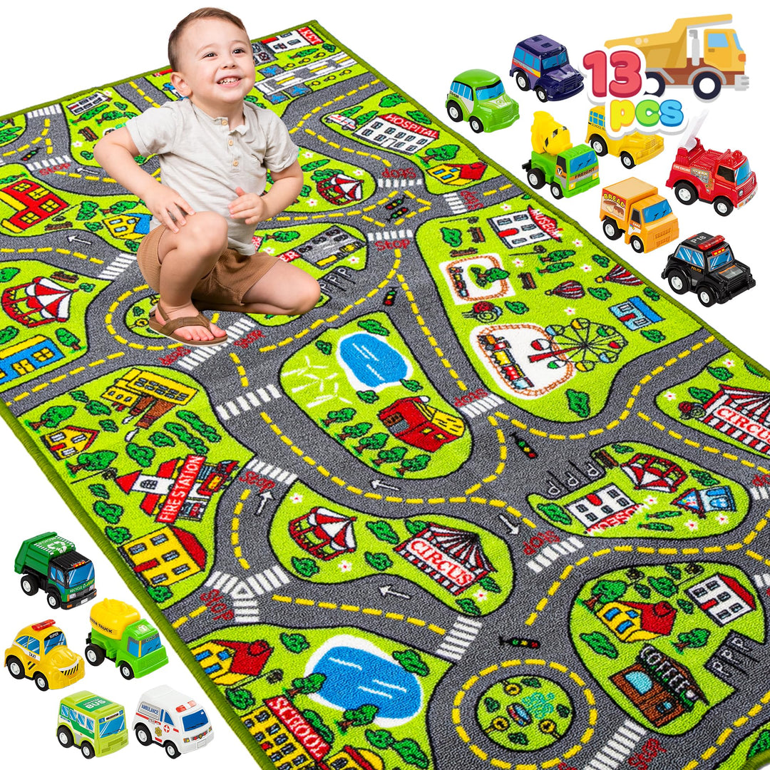 JOYIN Teppich Kinderzimmer 80x150cm mit 12 Mini Auto Spielzeug für Kinder, Spielteppich Strasse Kind