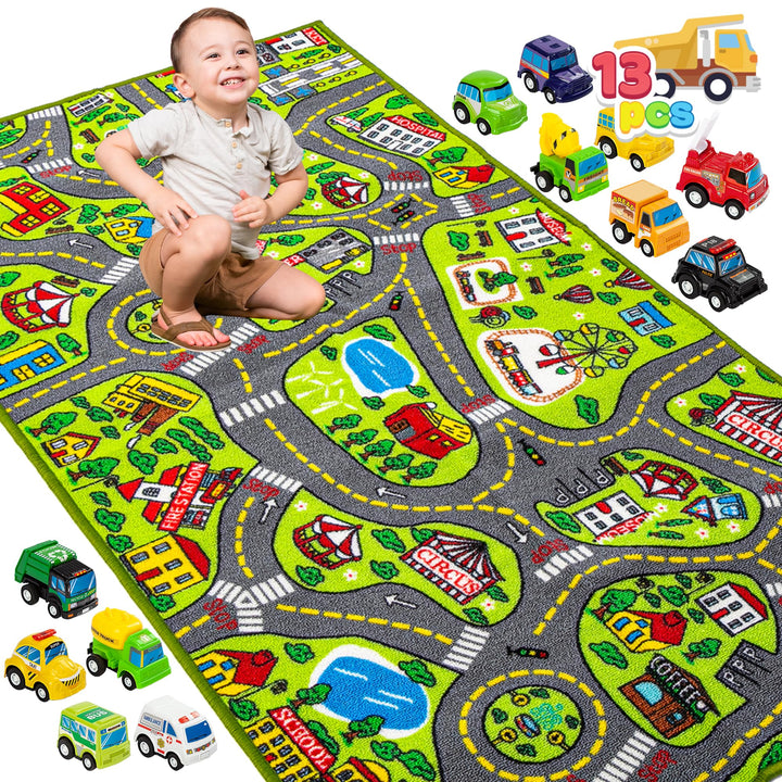 JOYIN Teppich Kinderzimmer 80x150cm mit 12 Mini Auto Spielzeug für Kinder, Spielteppich Strasse Kind