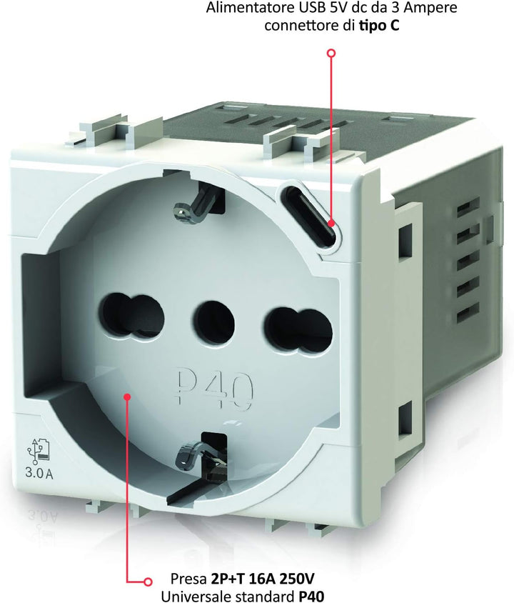 P40 USB3.0 Schuko-Steckdose Typ P40 mit integriertem 3 Ampere USB-Netzteil Typ C kompatibel mit Btic