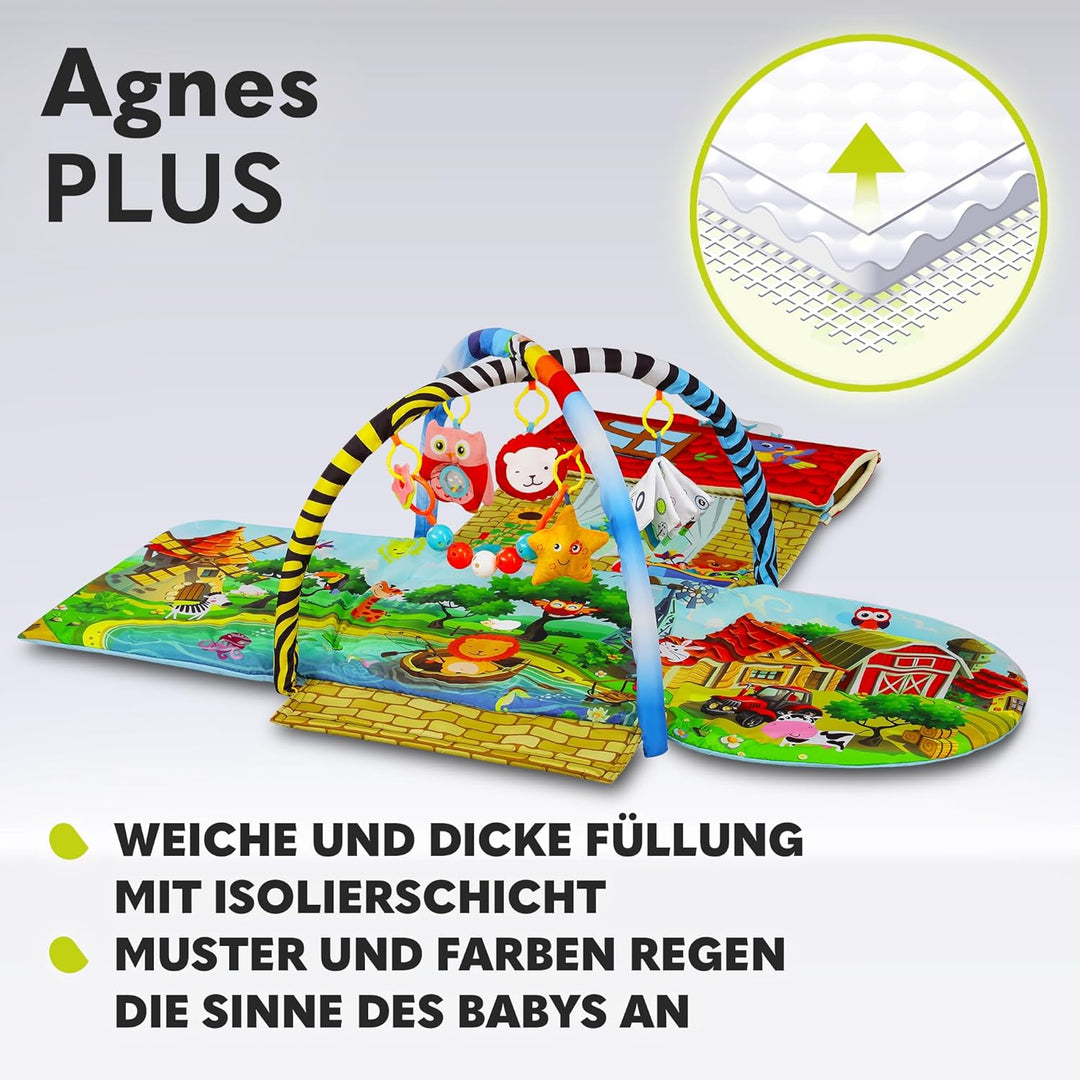 LIONELO Agnes Plus 2in1 Krabbeldecke für Baby, Spielmatte Baby, 2 Spielbögen, Spielhaus, Stoffbuch,