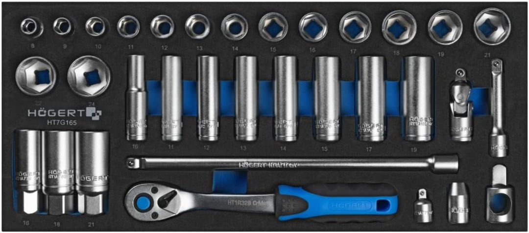 HÖGERT TECHNIK Steckschlüssel-Set 3/8", 33-tlg., Ratschengriff 72T, CRV-Stahl, inkl. Zündkerzensteck