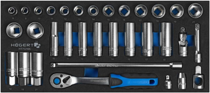 HÖGERT TECHNIK Steckschlüssel-Set 3/8", 33-tlg., Ratschengriff 72T, CRV-Stahl, inkl. Zündkerzensteck