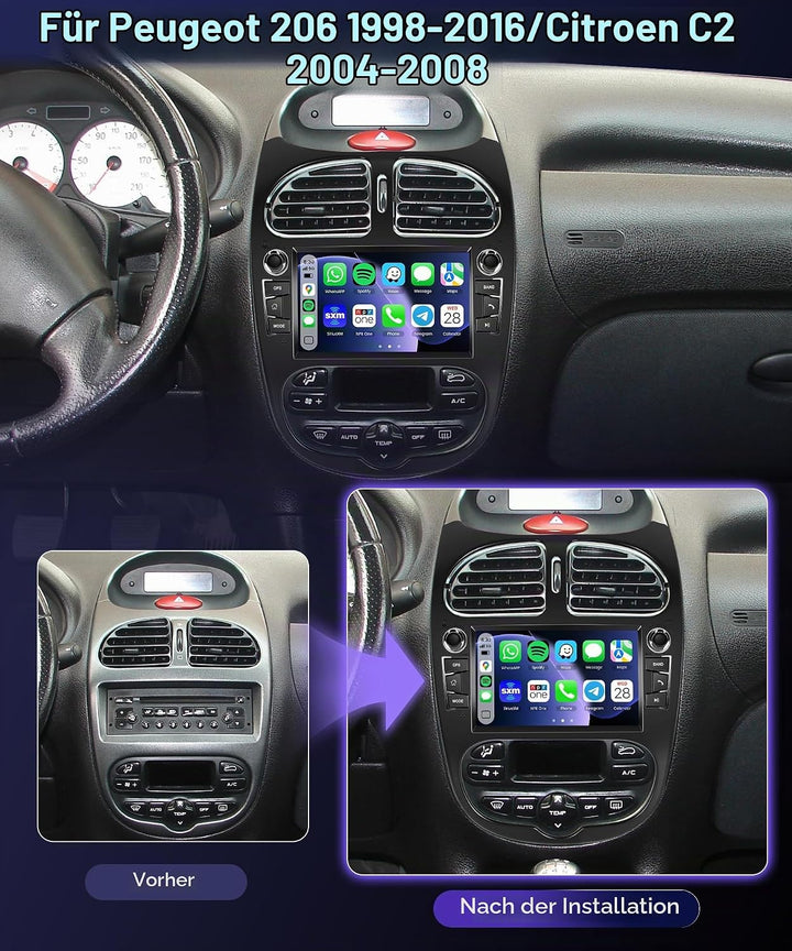 2GB RAM + 64GB Carplay Autoradio für Peugeot 206 für Citroen C2, Motorsi Android Auto 7“ Touchscreen