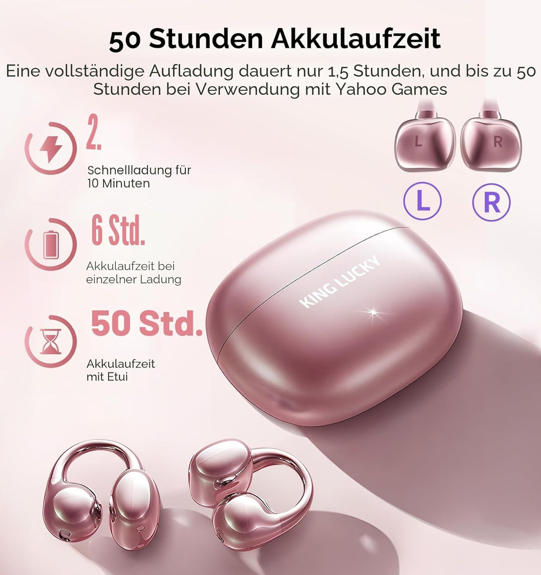 King Lucky Open-Ear-Kopfhörer Kabellos Bluetooth 6.0–Clip-On-Ohrhörer mit Mikrofon,50h Spielzeit,ENC