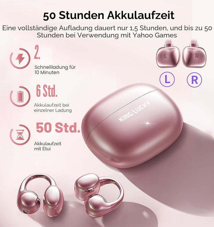 King Lucky Open-Ear-Kopfhörer Kabellos Bluetooth 6.0–Clip-On-Ohrhörer mit Mikrofon,50h Spielzeit,ENC